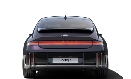 Back of the Hyundai IONIQ 6 with an elliptical wing-inspired rear spoiler with a red LED lighting 